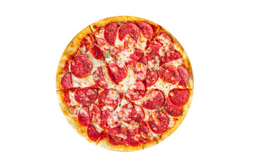 Pizza salami fast food pepperoni sausage, cheese, tomato sauce, dough fresh meal snack on the table copy space food background rustic 