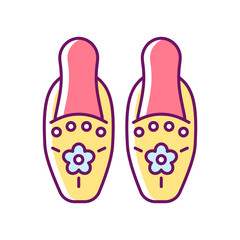 Traditional beadwork RGB color icon. Singaporean beaded slippers. National design. Decorating clothing. Peranakan embroidery. Ethnic shoes. Isolated vector illustration. Simple filled line drawing