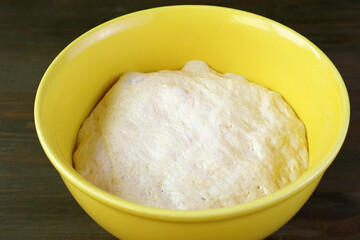 Closeup of puffy risen dough in a mixing bowl