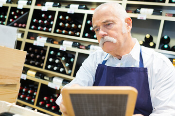 glad man sommelier showing glass of wine in wine store