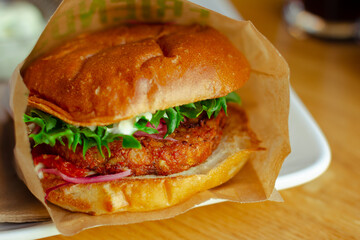 closeup of a vegan burger