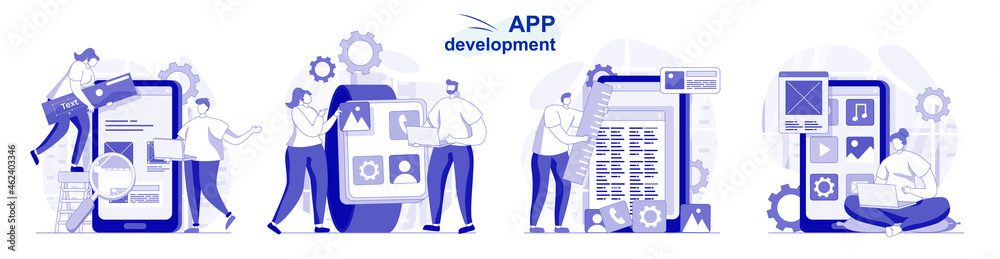Aufkleber App development isolated set in flat design. People program and develop software for mobile phone collection of scenes. Vector illustration for blogging, website, mobile app, promotional materials.