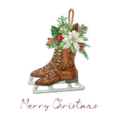 Watercolor floral sketes,Vintage Christmas brown ice skates,winter Holiday essentials,rustic ice skates decor ,traditional xmas,poinsettia winter bouquet,candy cane, red berries, holly leaves,star
