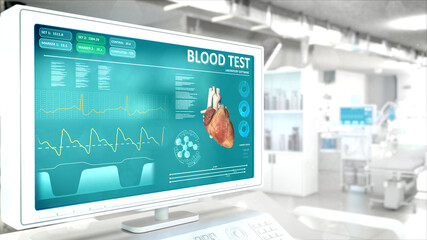 blood sample test on monitor in hi-tech hospital room , creative industrial 3D rendering