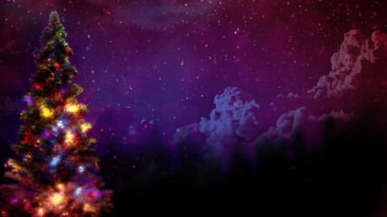 decorated xmas pine tree and night woods with free place , abstract 3D rendering