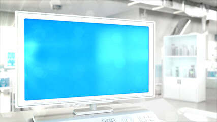 blue screen monitor with empty space - medical therapy mockup , design object 3D rendering