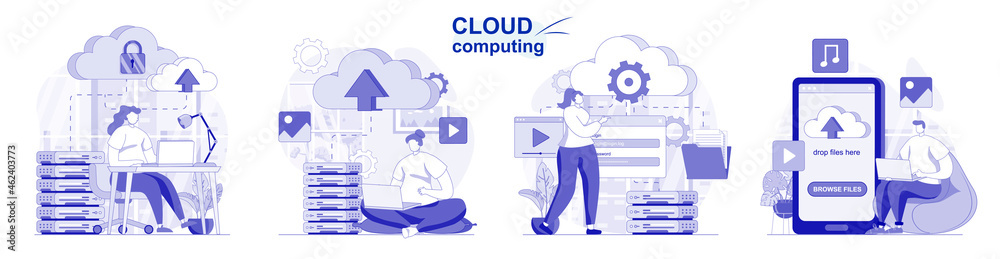 Poster cloud computing isolated set in flat design. people upload files, storage and processing data collec
