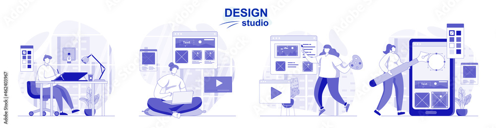 Poster design studio isolated set in flat design. people draw graphic elements and create web content, coll