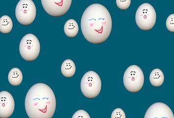 Background, banner and wallpaper for design. An egg with a face in different angles, chaotic on a blue background. Pattern