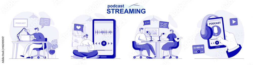 Poster podcast streaming isolated set in flat design. people make online broadcast or recording at studio, 