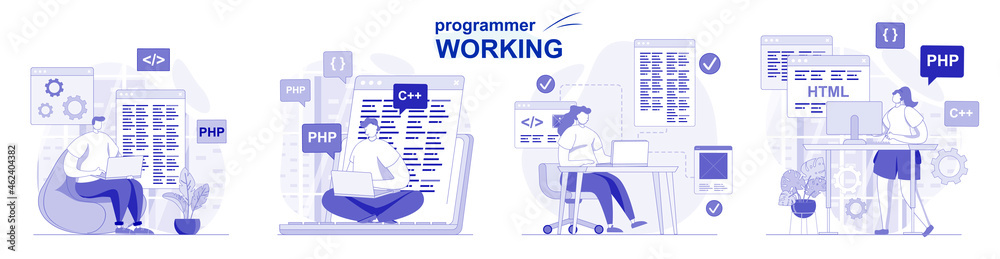 Fototapete Programmer working isolated set in flat design. People coding, testing, programming software, collection of scenes. Vector illustration for blogging, website, mobile app, promotional materials.