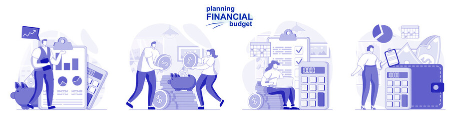 Planning financial budget isolated set in flat design. People make accounting analysis, bookkeeping, collection of scenes. Vector illustration for blogging, website, mobile app, promotional materials.