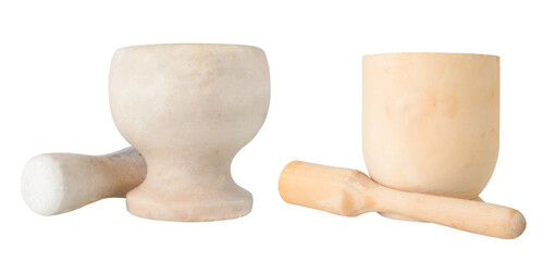 Сeramic and wooden mortar isolated on white background.