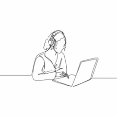 Continuous one line drawing of beautiful woman business at work via video call using laptop in silhouette on a white background. Linear stylized.