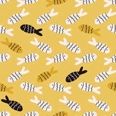 Seamless pattern with colorful fish on yellow background.