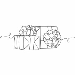 Continuous one line drawing of beautiful christmas gifts boxes in silhouette on a white background. Linear stylized.