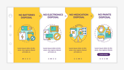 Fototapeta premium Not accepted rubbish onboarding vector template. Responsive mobile website with icons. Web page walkthrough 4 step screens. Not disposal waste materials color concept with linear illustrations
