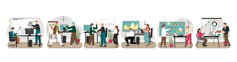Business people team work, vector illustration. Group of office people working together. Cooperation, agile teamwork.