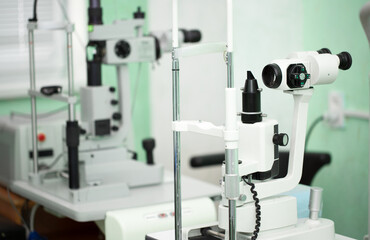 Ophthalmic microscope. Microscopic apparatus for checking eyesight close-up. Ophthalmology and treatment of eye diseases. Eye clinic, Optometrist.