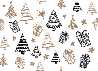 Gift boxes, tree, star set, hand drawn illustrations.