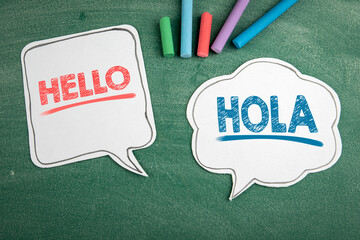 In English and Spanish the word Hello. Speech bubbles on a chalk board © STOATPHOTO