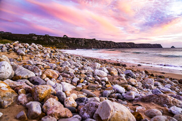 Purple sunset on the coast of France in Crozon, pen hat beach.