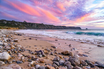 Purple sunset on the coast of France in Crozon, pen hat beach.