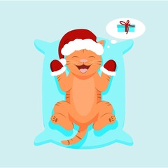 Cute christmas baby tiger in Santa hat. Flat vector illustration.