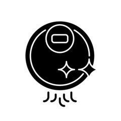 Cleaning robots black glyph icon. Automatic vacuuming device. Robot vacuum cleaner. Wireless equipment. Self-charged sweeper. Silhouette symbol on white space. Vector isolated illustration