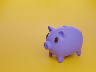 Blue Piggy bank on Yellow background. 3d Render illustration. copy space.