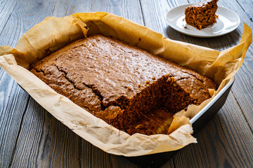 Carrot cake on wooden table