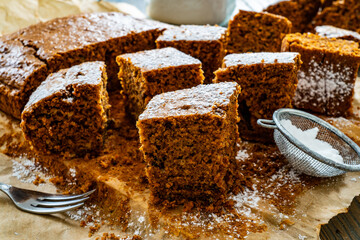 Carrot cake on wooden table