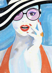 Fashion woman in style pop art. Watercolor fashion illustration. - 462407544