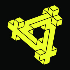 Optical illusion. Abstract eternal geometric objects. Impossible endless outline shapes. Optical art. Impossible geometry shape on a black background. Escher paradox.