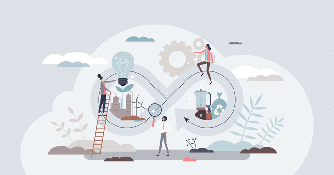 Circular economy manufacturing cycle, sustainable strategy tiny person concept. Optimal reuse of the resources and reduced waste management. Environmental friendly industrial loop for high efficiency.