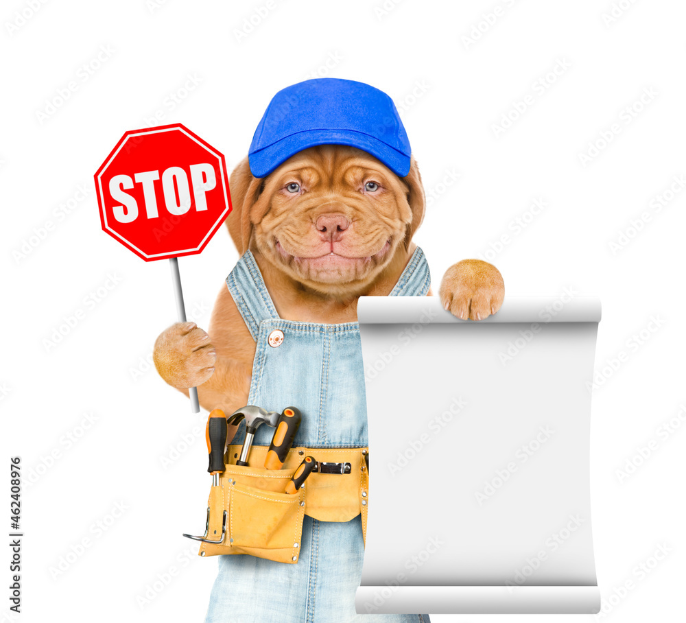 Aufkleber smiling mastiff puppy wearing overalls with tool belt and blue cap shows stop sign and empty list. i