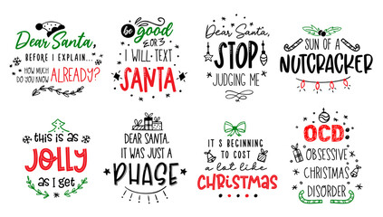 Christmas funny quotes Vector card text about Santa - obrazy, fototapety, plakaty