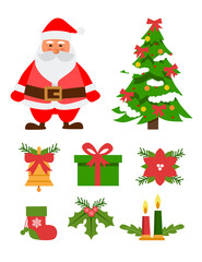 Christmas greetings decorative vector set with Santa and objects isolated on white background. Vector illustration