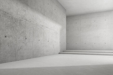 3d render of empty concrete room with large wall structure.