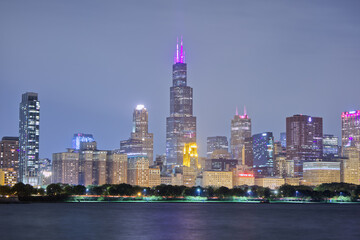 Chicago Landscape and Skyscrapers at Night 