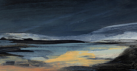 Abstract landscape. Versatile artistic image for creative design projects: posters, banners, cards, websites, prints, wallpapers. Hand painted artwork. Acrylic on board. Dark colours.