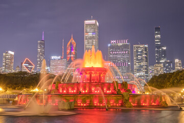 Chicago Fountain and Skyline at Night
