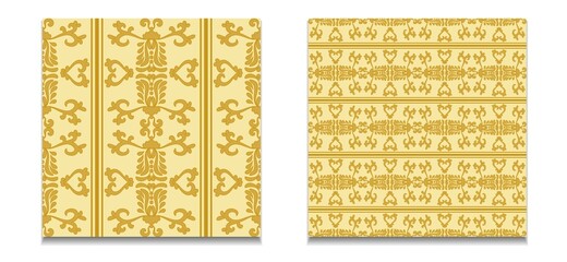 Two seamless vector patterns of gold damask patterns. Vintage seamless ornament. Gold, yellow. Vector graphics. For fabric, tile, wallpaper or packaging. 