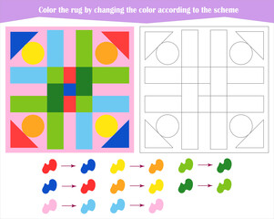  Game for the development of logical thinking. Color the rug by changing the color according to the sample