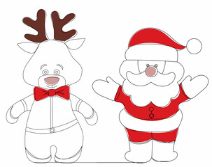 sketch deer and santa isolated, vector