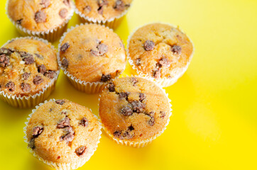 Delicious vanilla muffin cupcakes with chocolate chip, freshly baked mini pastries