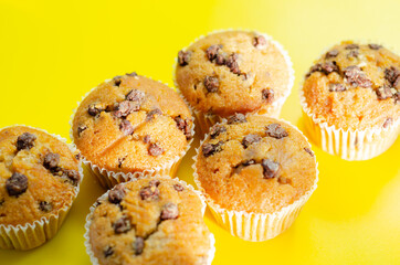 Delicious vanilla muffin cupcakes with chocolate chip, freshly baked mini pastries