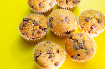 Delicious vanilla muffin cupcakes with chocolate chip, freshly baked mini pastries