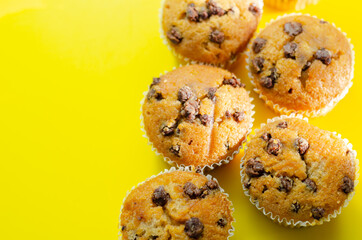 Delicious vanilla muffin cupcakes with chocolate chip, freshly baked mini pastries