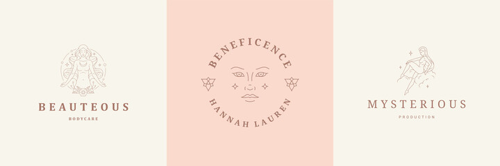 Feminine logos emblems design templates set with magic female vector illustrations minimal linear style.